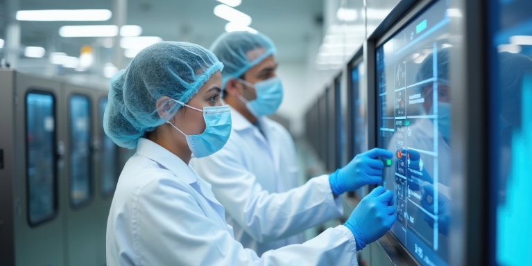 Two people in protective clothing and face masks operating equipment in a manufacturing facility.