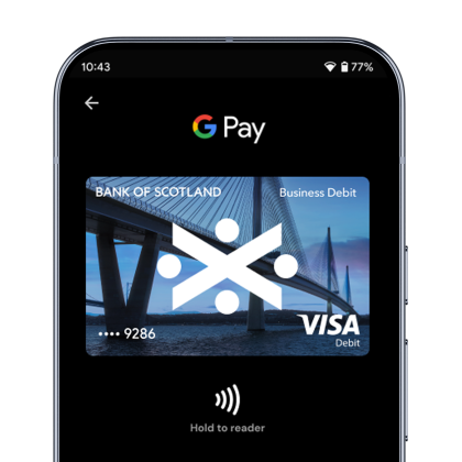 Mobile phone displaying Google Pay for Bank of Scotland Business Debit Card