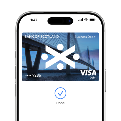 Mobile phone displaying Apple Pay for Bank of Scotland Business Debit Card