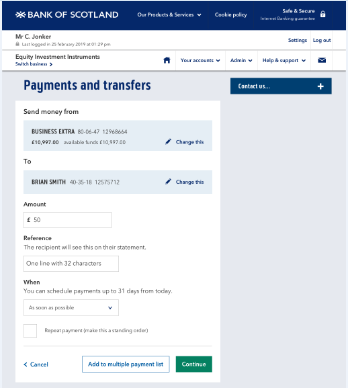screenshot image of payments and transfers screen