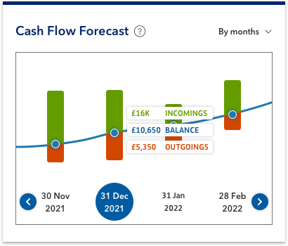 Cashflow forecast, for November 2021 through to February 2022. £16,000 income, £10,650 balance and £5,350 outgoings.